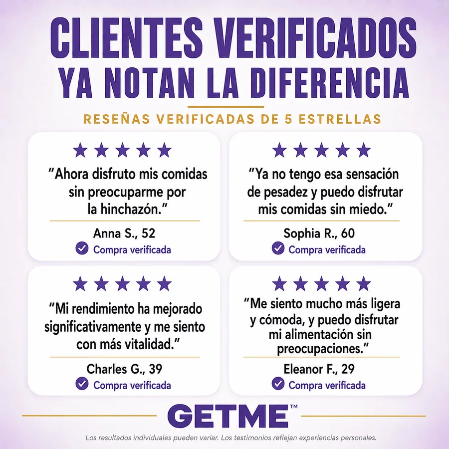 Reseñas verificadas de cinco estrellas de Getme Enzimas Digestivas