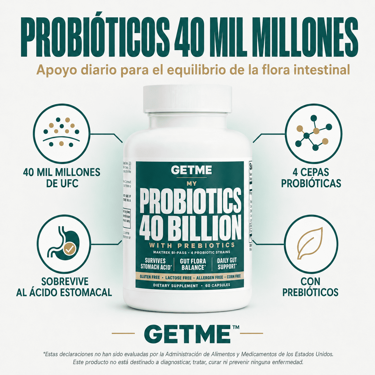 Getme Probióticos 40 Billones con Prebióticos: 40 mil millones de CFU, 4 cepas probióticas, 60 cápsulas