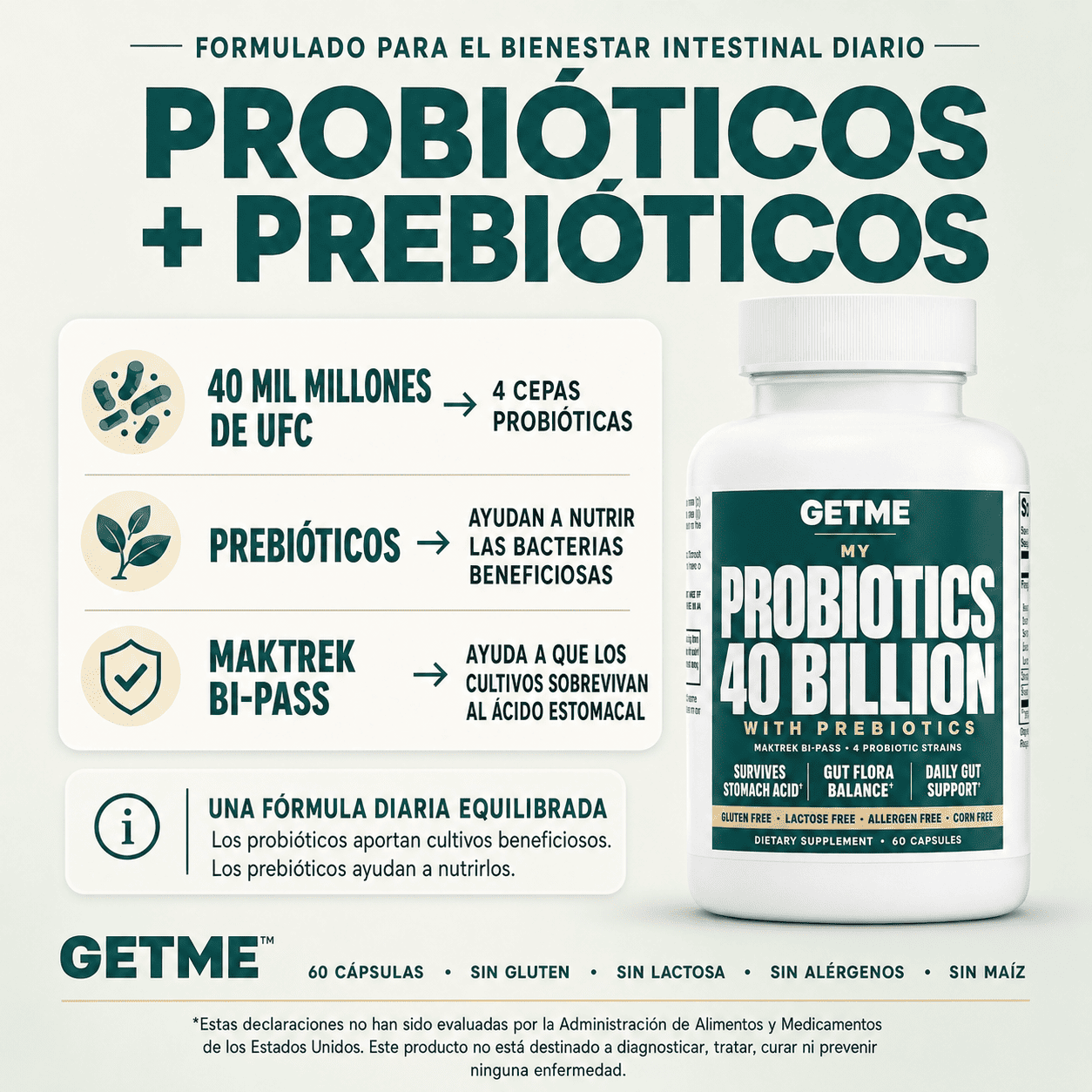 Probióticos más prebióticos: 40 mil millones de CFU, 4 cepas y MAKTREK Bi-Pass