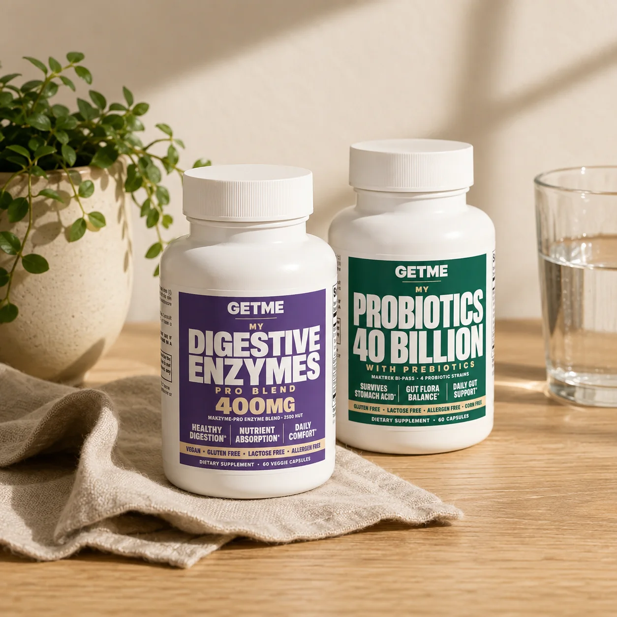 Getme Digestive Enzymes and Probiotics 40 Billion on a kitchen counter