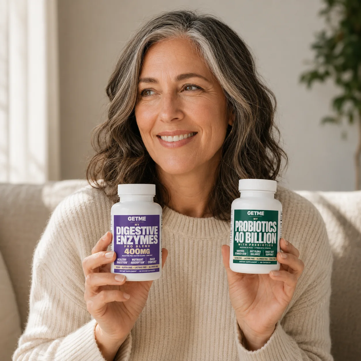 Woman holding the Getme Digestive Enzymes and Probiotics 40 Billion bottles
