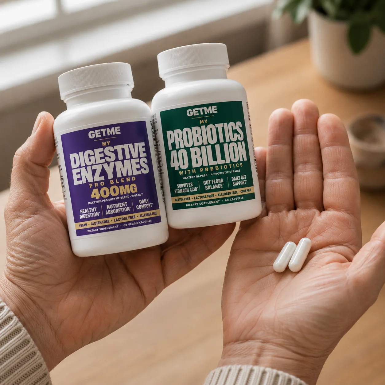 Hands holding the Getme bottles and two capsules