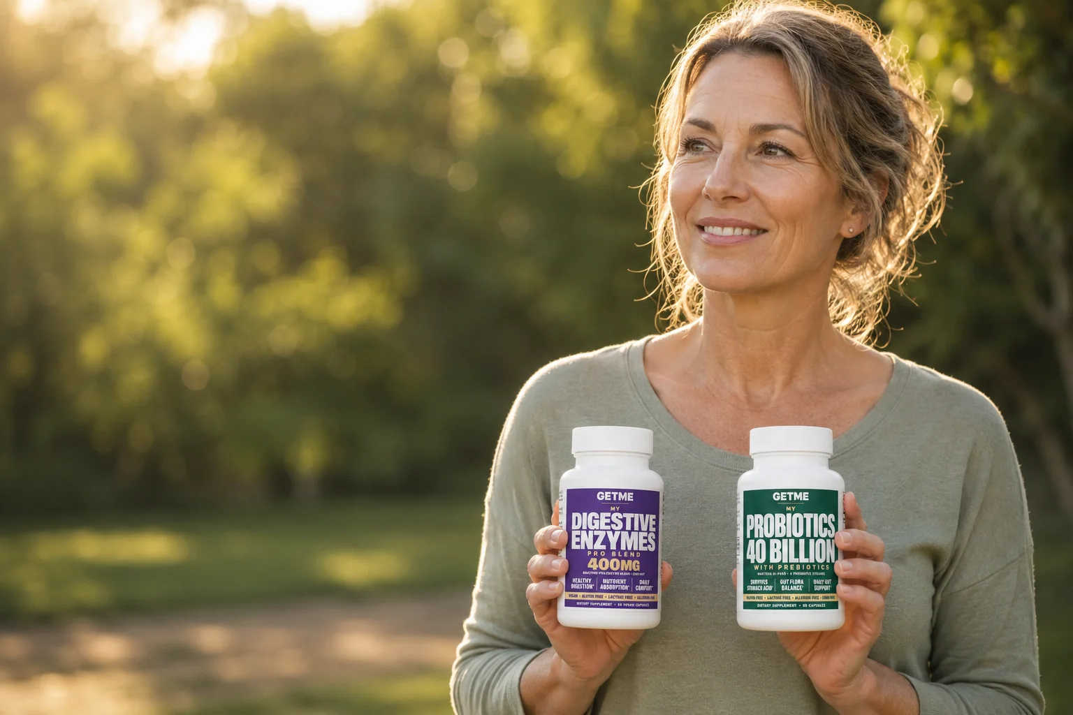 Woman holding the Getme Dual-Phase Gut Protocol bottles outdoors