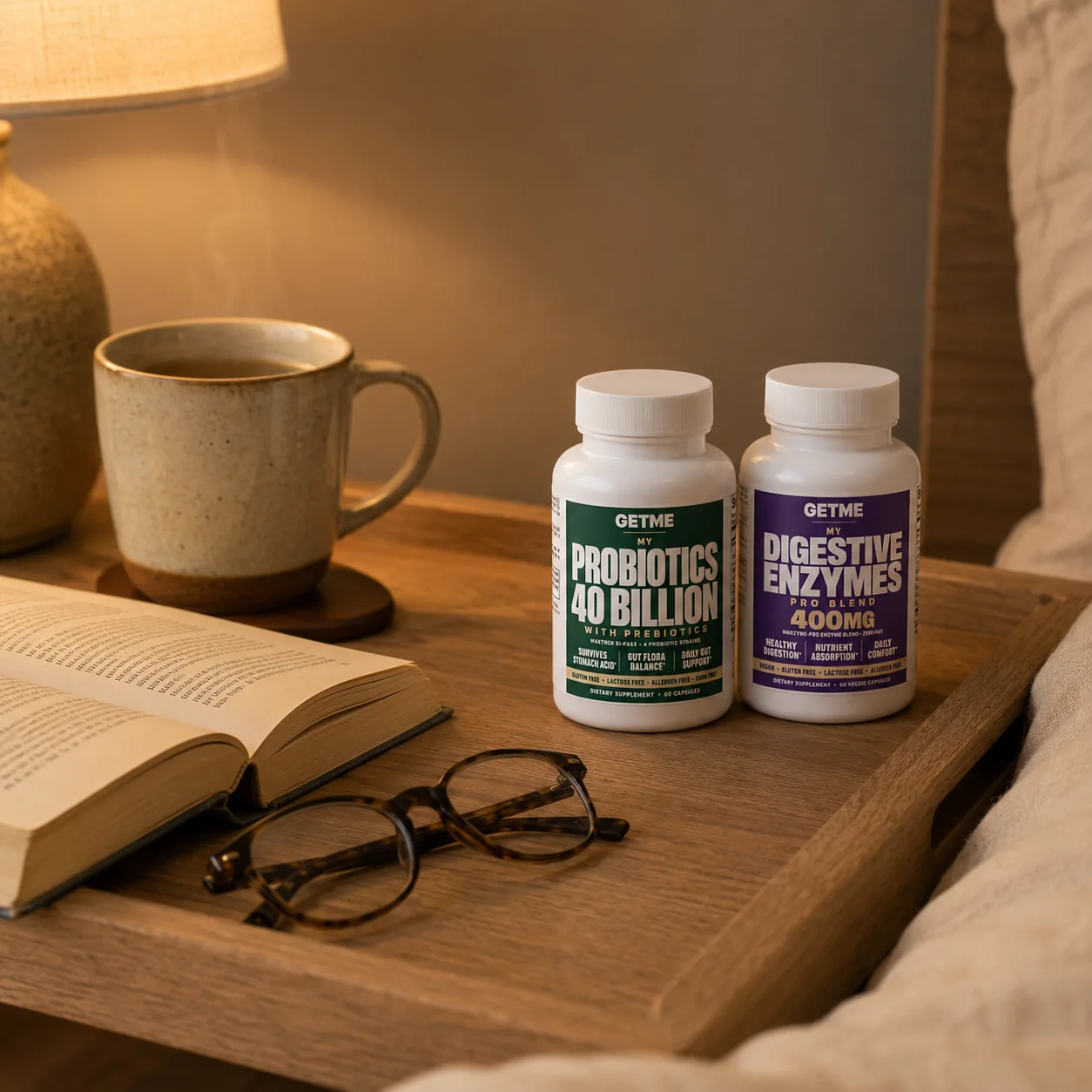 Getme Dual-Phase Gut Protocol on a bedside tray with a book and a cup of tea