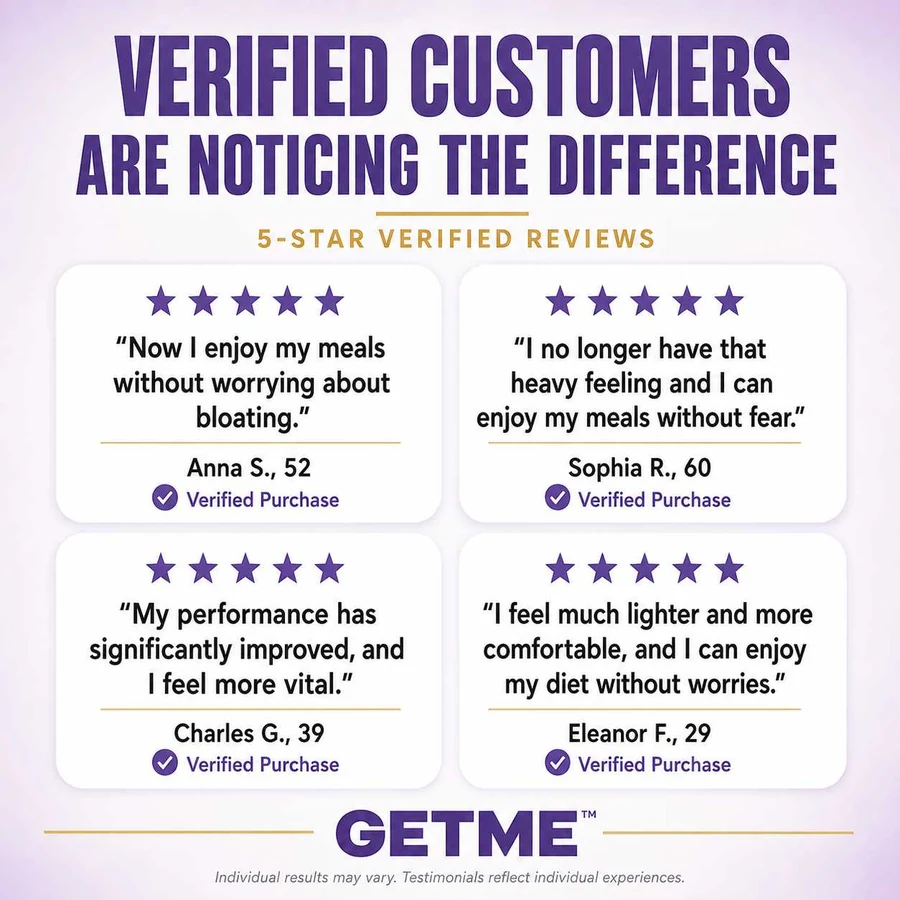 Five-star verified customer reviews for Getme Digestive Enzymes