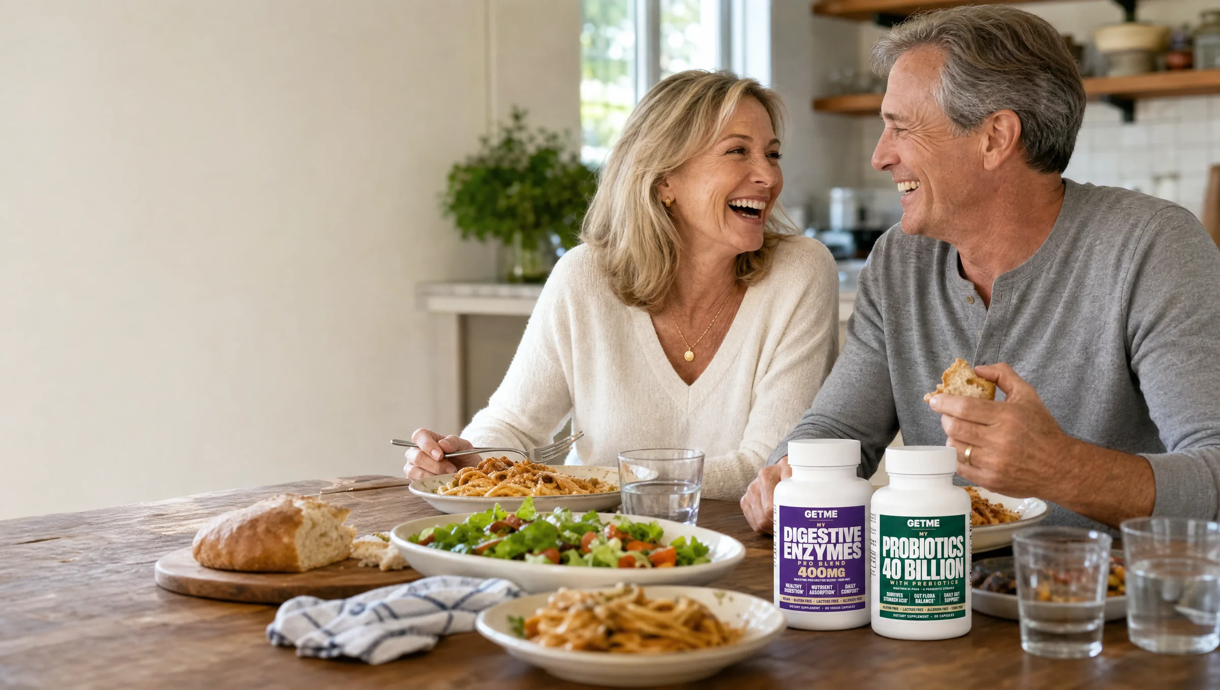 A couple in their sixties laughing over a shared meal, with GETME Digestive Enzymes and Probiotics 40 Billion on the table
