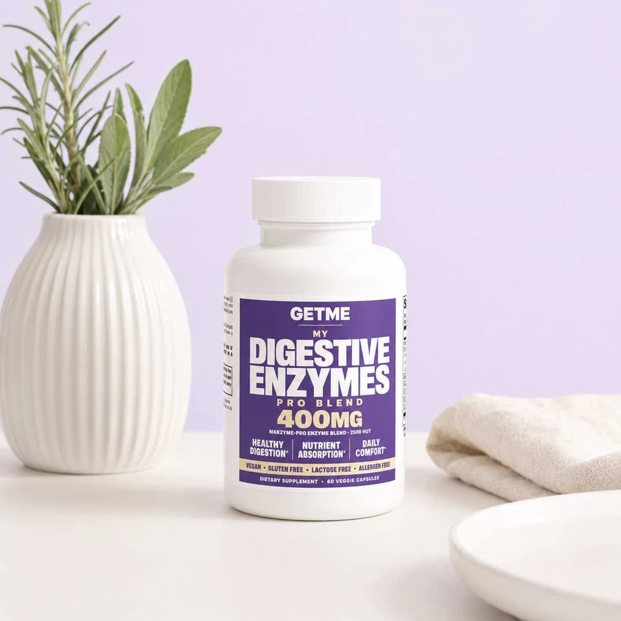 Getme Digestive Enzymes Pro Blend bottle on a light surface with herbs and linen