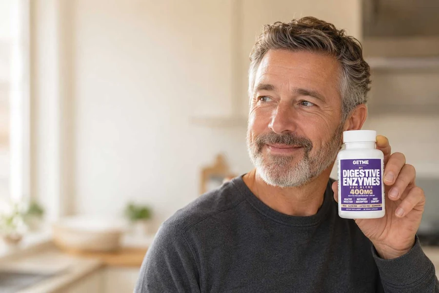 Hands holding a Getme Digestive Enzymes bottle and capsules before a meal