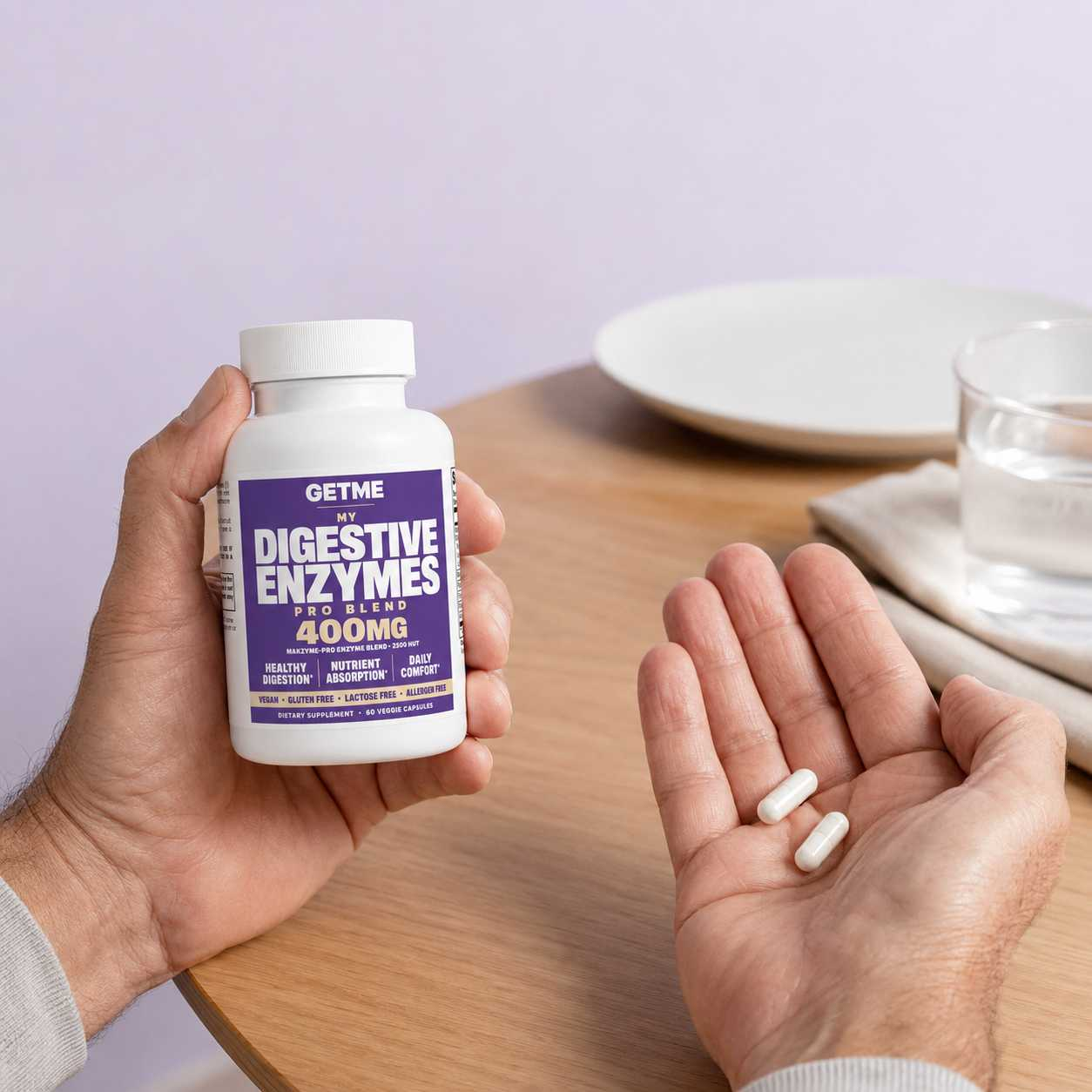 Man holding a bottle of Getme Digestive Enzymes Pro Blend in a kitchen