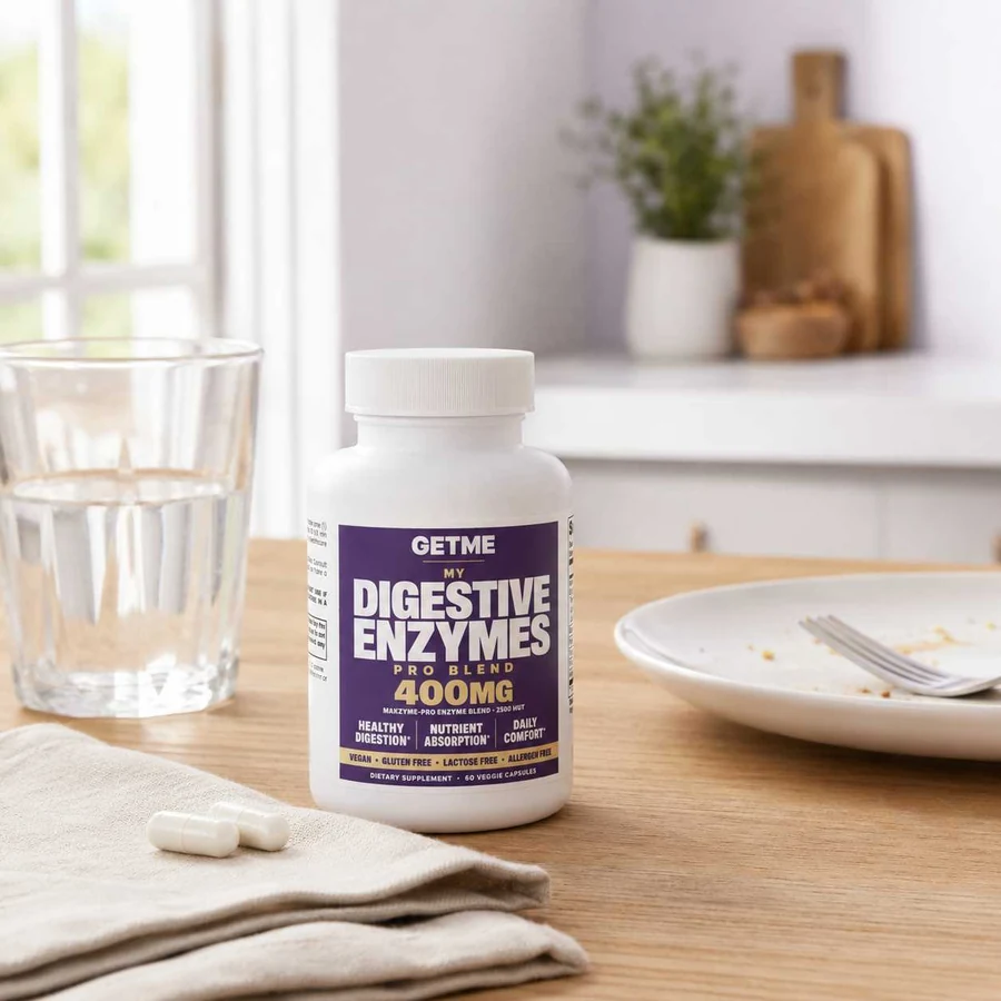 Getme Digestive Enzymes on a dining table beside a plate and a glass of water