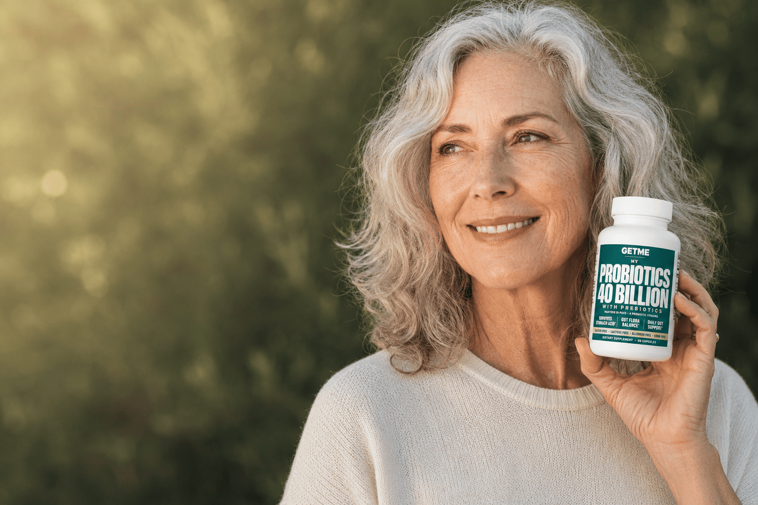 Mujer sosteniendo un frasco de Getme Probióticos 40 Billones al aire libre