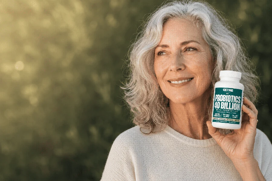 Woman holding a bottle of Getme Probiotics 40 Billion outdoors