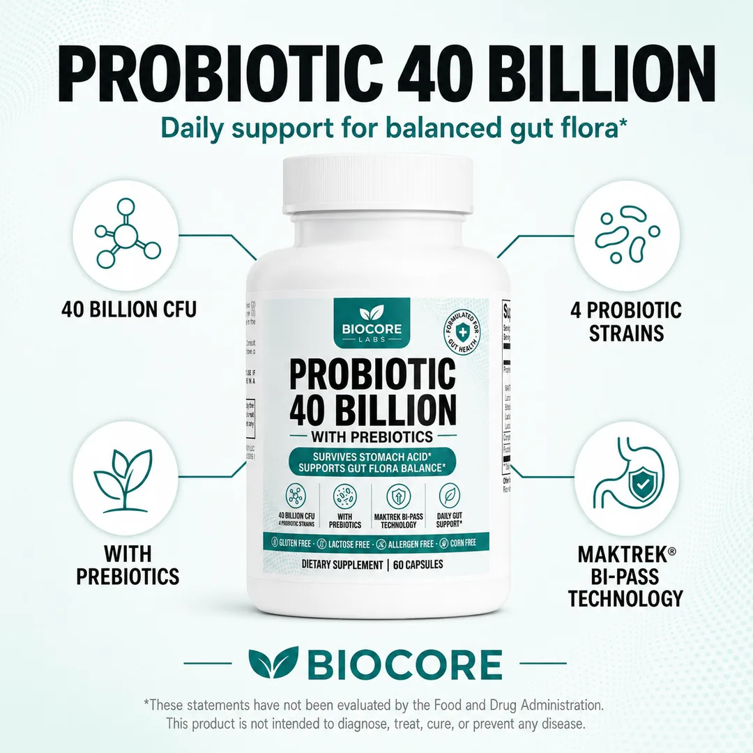 Probiotic 40 Billion with Prebiotics by BioCore Labs: 4 probiotic strains, 60 capsules