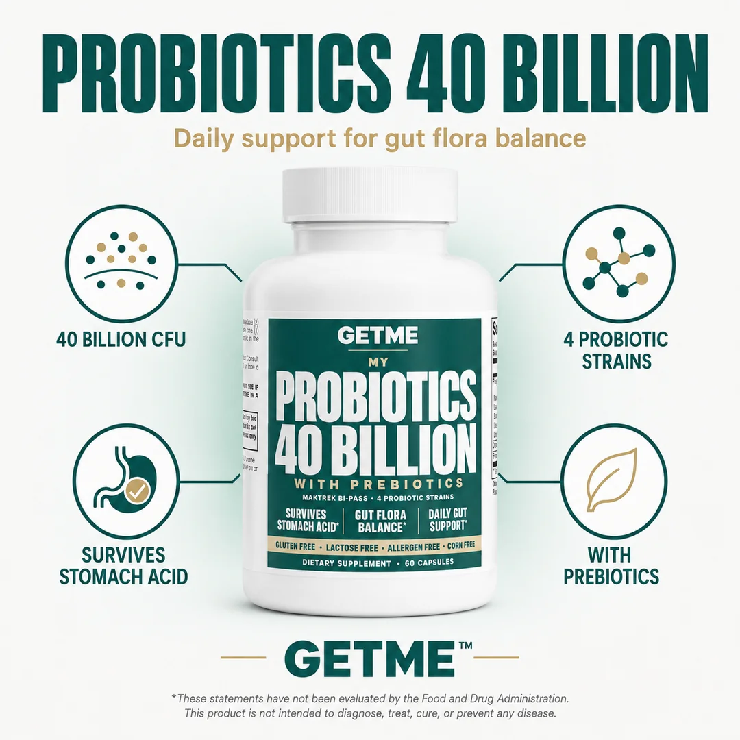 Getme Probiotics 40 Billion with Prebiotics: 40 billion CFU, 4 probiotic strains, 60 capsules