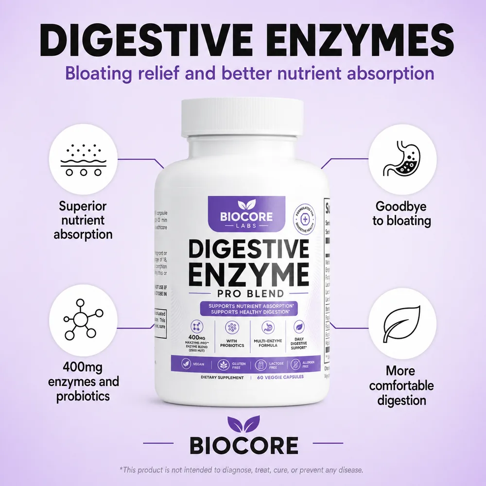 Digestive Enzyme Pro Blend by BioCore Labs: digestive enzymes with probiotics, 60 veggie capsules