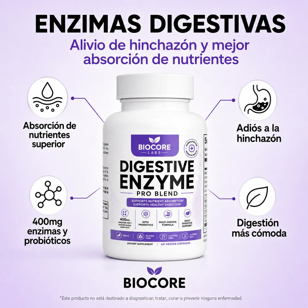 Digestive Enzyme Pro Blend de BioCore Labs: enzimas digestivas con probióticos, 60 cápsulas veganas